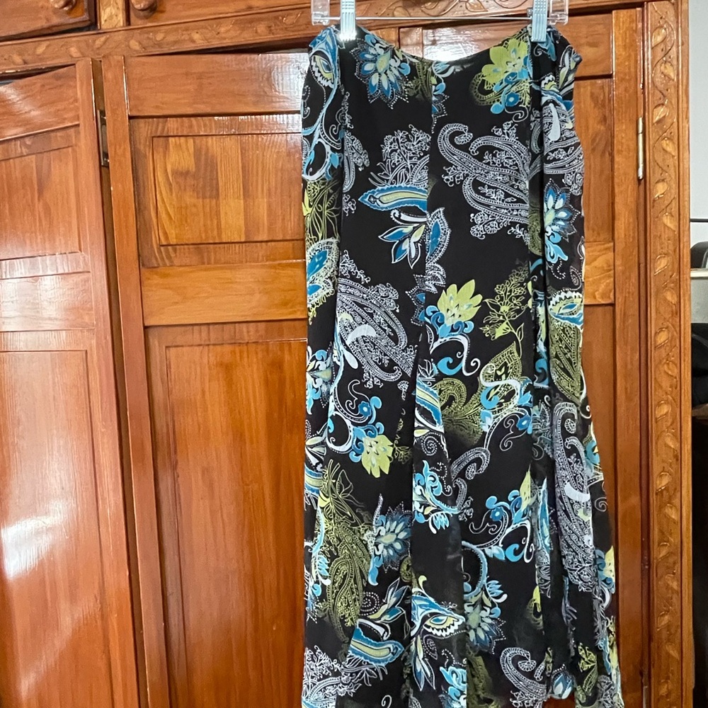 Jessica London Asymmetrical Skirt in Black and Blue Floral Paisley